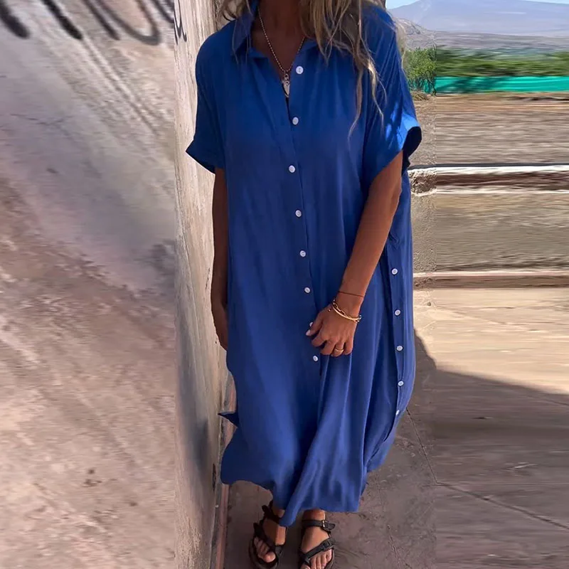 

Elegant Turn-down Collar Long Shirt Dress Women 2024 Casual Short Sleeve Loose Maxi Dress Female Simple Butted Party Dress New