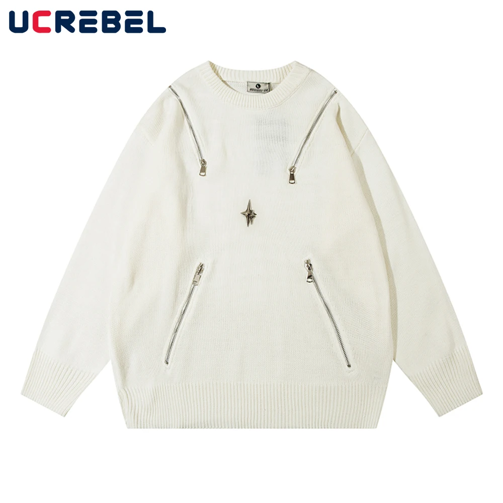 

Zipper Decoration Long Sleeve Sweater Mens Streetwear Metal Buckle Loose Crew Neck Solid Color Knitted Pullover