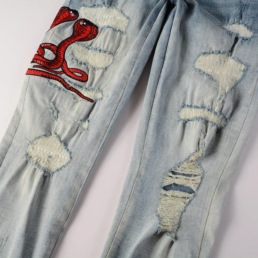 Red Snake Jeans Women's Blue Denim Jeans With Red Snake And Rose
