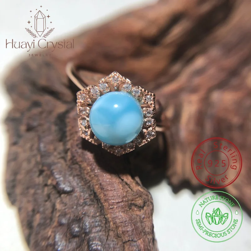 

HUAYI Luxury flower Faceted Natural Larimar Ring 925 Sterling Silver Adjustable Zircon for Women Party Gift fine jewelry