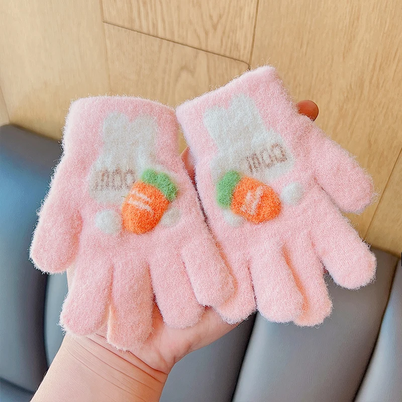Winter New Baby Girls Sweet Soft Cartoon Knitted Yarn Keep Warm Gloves Children Lovely Five Finger Gloves Kids Fashion