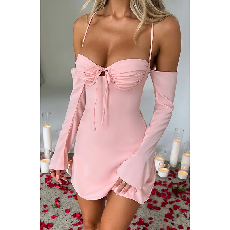 

Women Fashion Spaghetti Strap Low-cut Lacing Mini Dress Spring Summer Party Club Solid Color Sling Dress with Oversleeves