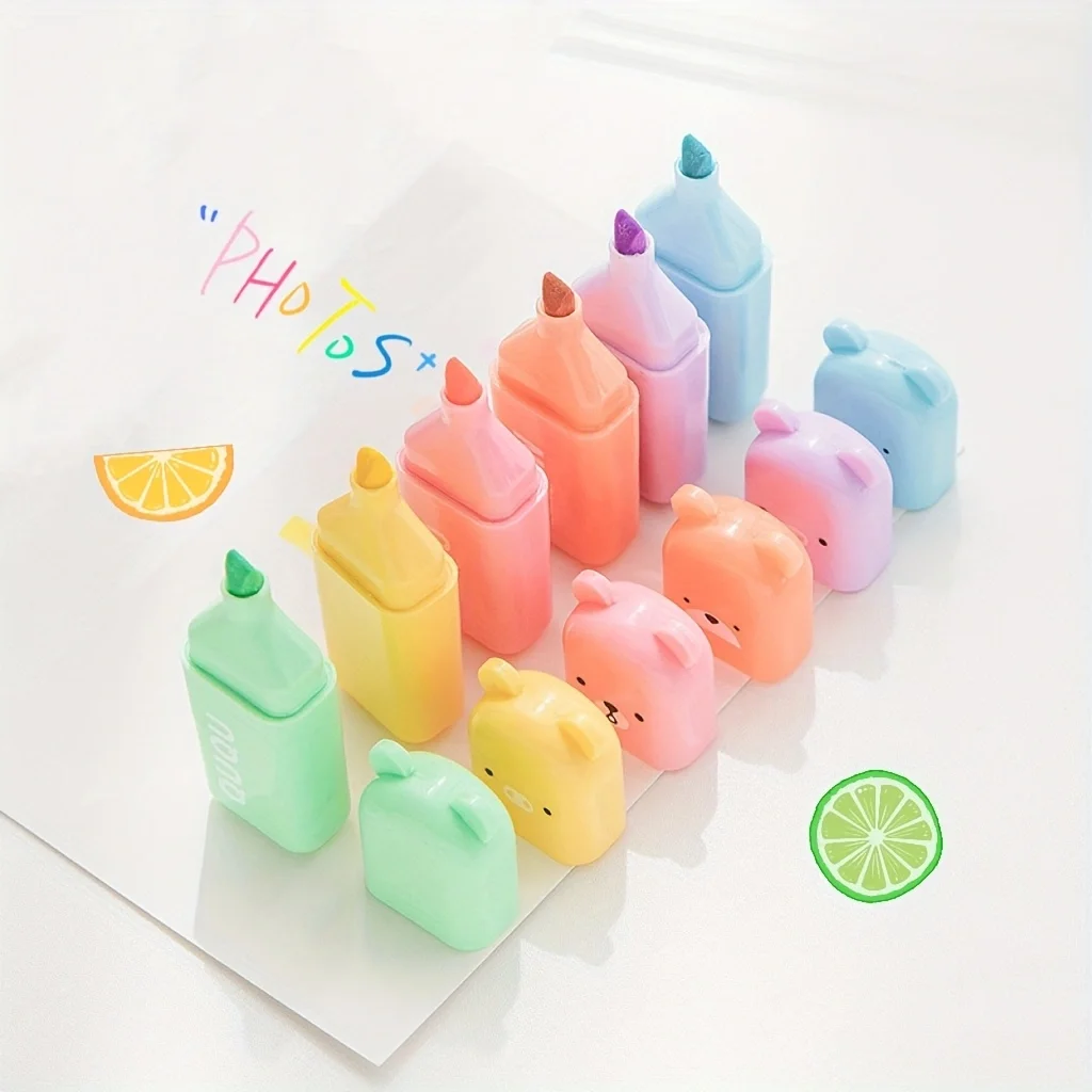 귀여운 곰 모양 형광펜 6개 세트 ? 생생한 파스텔 색상, 부드러운 팁과 눈에 무해한 제품으로 학생, 사무용으로 적합합니다.