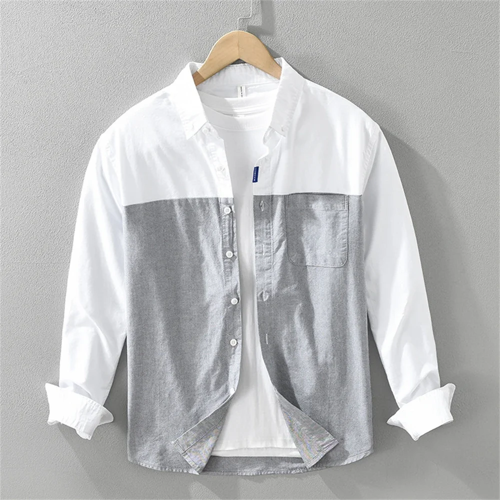 Camicia da uomo autunno splicing a maniche lunghe in cotone stile giapponese Camicie Oxford da uomo Top casual Abbigliamento da uomo primaverile 7366 # 6