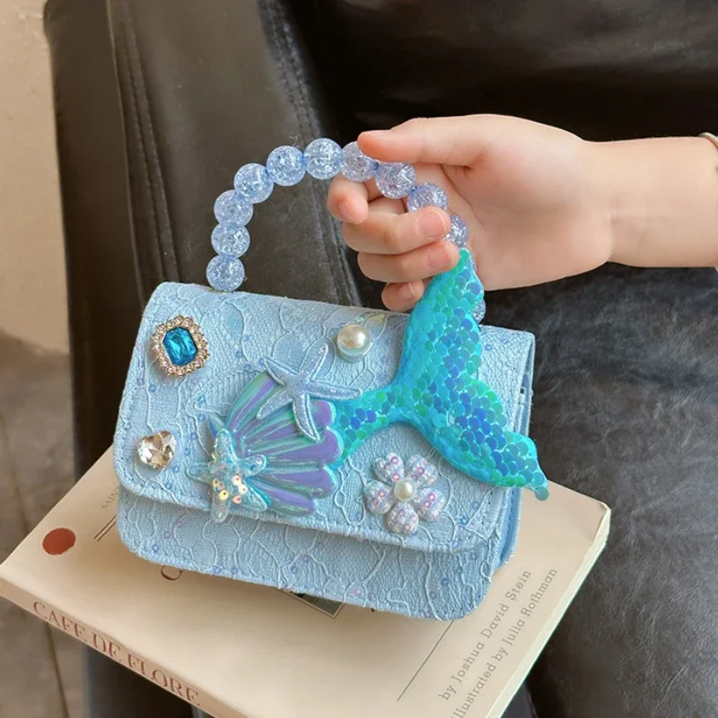 Lovely Sequin Girls Square Shoulder Bag Fish Tail Starfish Princess Crossbody Bags Bead Handle Children's Small Handbags Purse