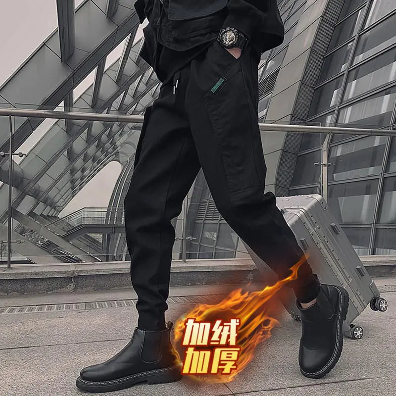 

Winter New Jogger Pants Men Cargo Pants Black Drawstring Tapered Trousers Spliced Washed Fashion Think Harem Pants Man