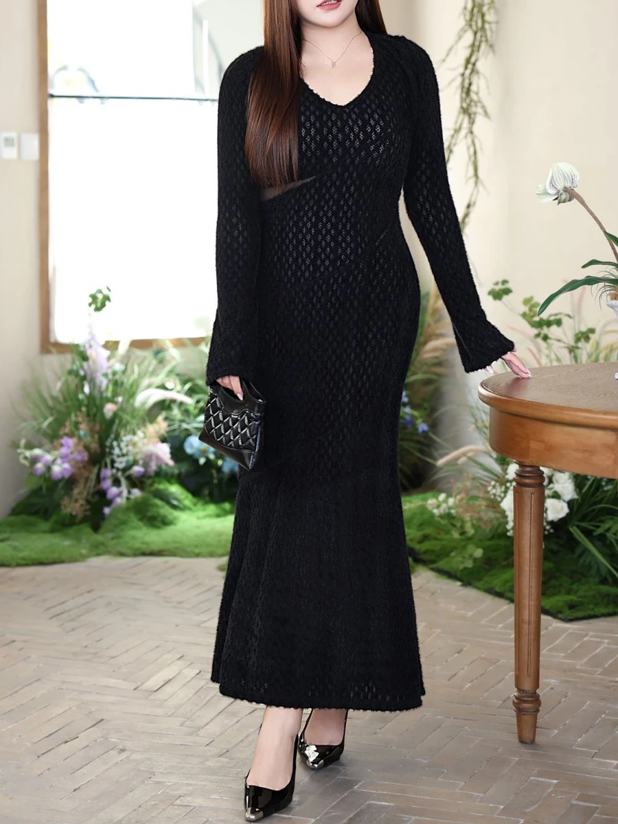 Fishtail Dress for Women, Faux Minkhair, Hollow Out, Jacquard, V-Neck, Slim, Long Mermaid Dress, Sexy, Good Quality