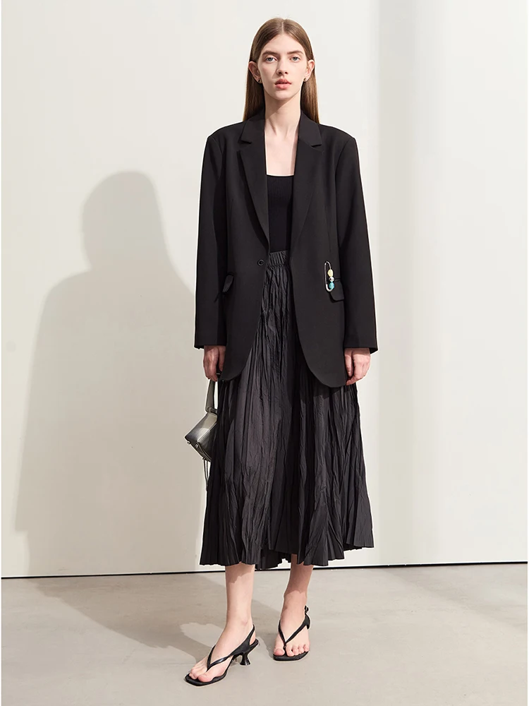 Amii Minimalism Blazers For Women 2024 Summer New Commuter Notched With Button Pin Basics Mid-length Loose Female Coat 12441328