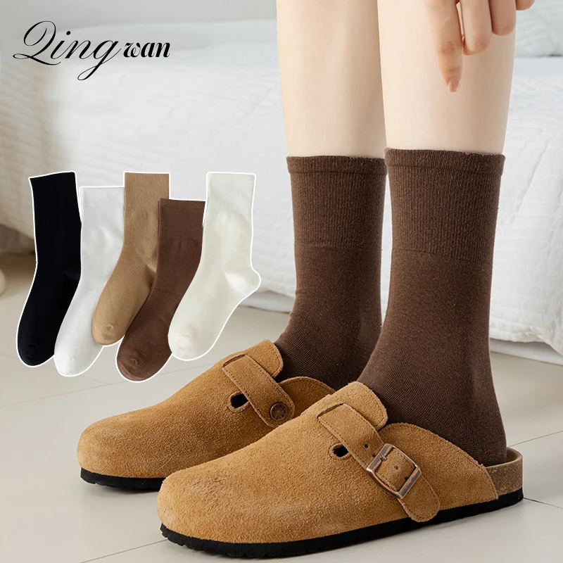 

5Pairs Medium Length Socks for Women in Autumn Winter, Sweat-absorbing and Breathable, Solid Color Socks, Winter Socks Wholesale
