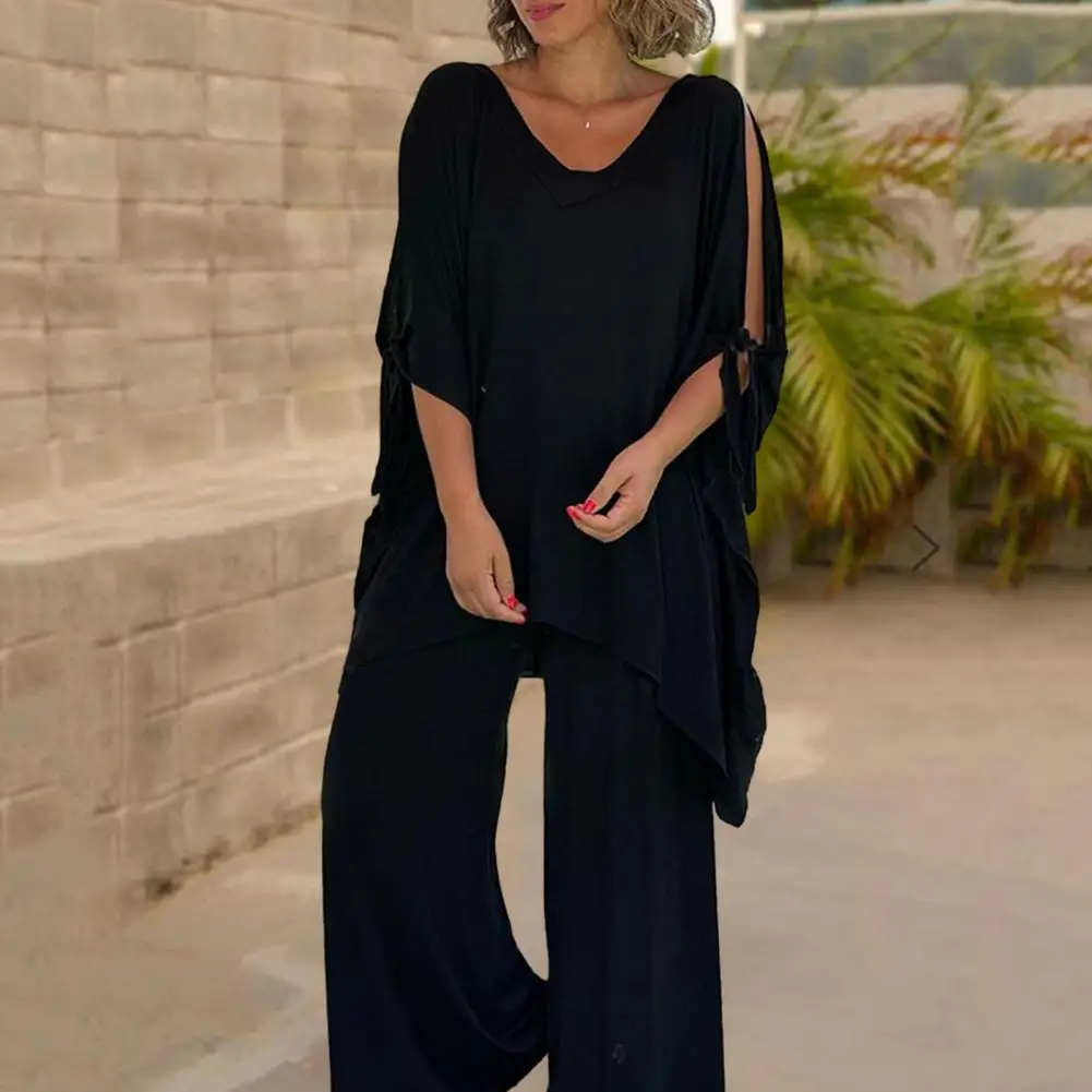 Lace-up Half Sleeve T-shirt Long Pants Elegant Summer Office Lady Outfit V-neck Lace-up T-shirt High Waist Wide Leg Pants Off
