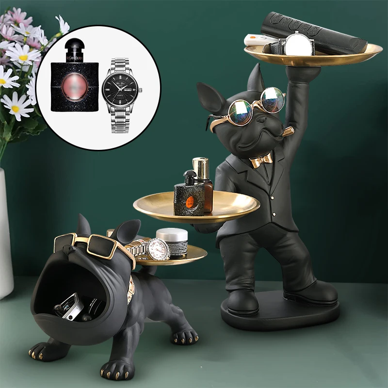 Nordic Resin Big Mouth French Bulldog Butler Decor With Tray Big Mouth Dog Statue Storage Box