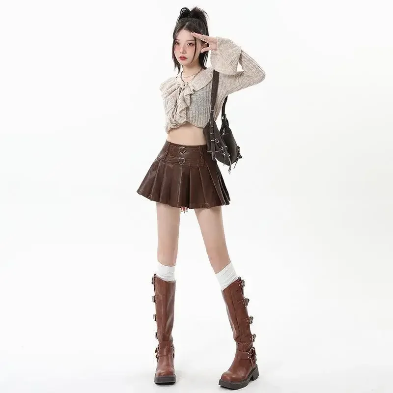 XS-3XL Y2K Pu Leather Mini Skirts Women Streetwear High Waist Pleated Skirt Vintage Korean Black Slim Casual A Line Skirts 6
