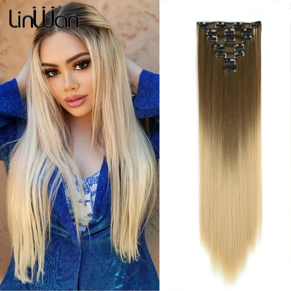 

Long Straight 16 Clip In Hair Extensions Synthetic Fiber Fake Hair 22Inch Hairpiece Ombre Blonde Natural Hairstyle For Women