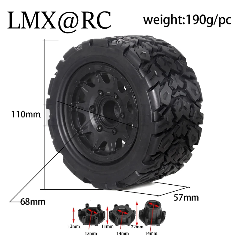 4pcs 110mm 1/10 Monster Stunt Truck Tire 12mm and 14mm Hex for TRAXXAS MAXX ARRMA Granite KRATON Outcast Tamiya Losi Redcat