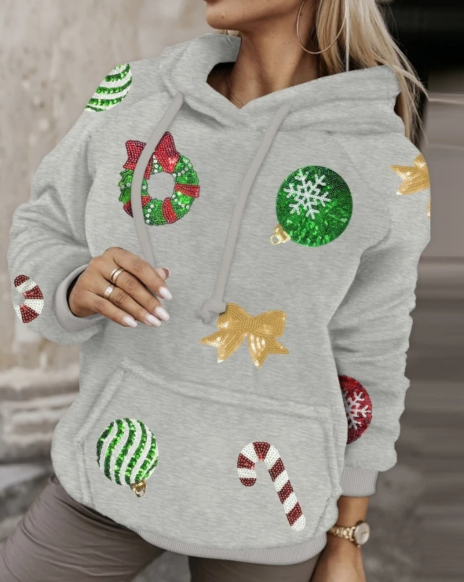 Women's Autumn/winter Pullover 2023 New Hot Selling Fashion Long Sleeve Christmas Sequin Pattern Hooded Sweatshirt