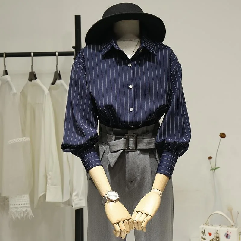 

Рубашка Y2k женская с отложным воротником, однобортная блузка в винтажном гонконгском стиле, в полоску, высокого качества