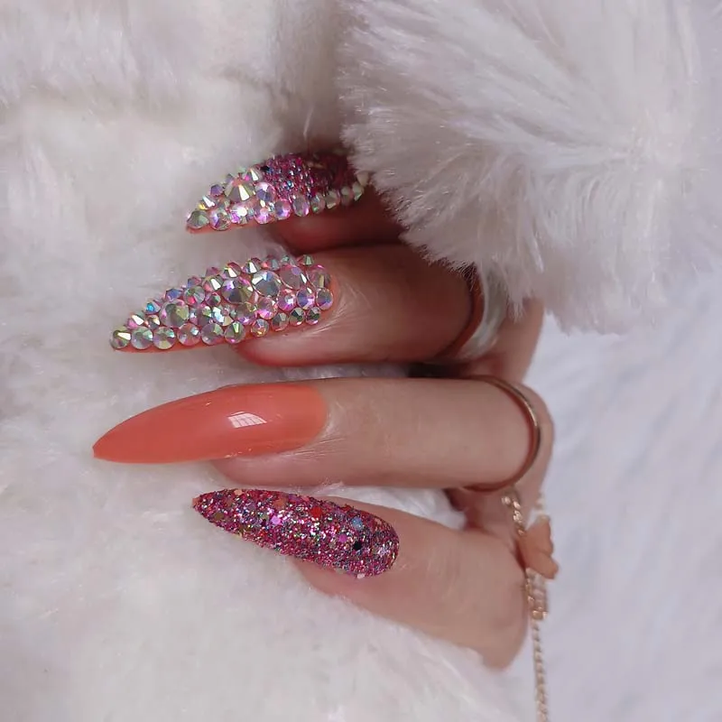 

Сверхдлинные овальные накладные ногти, 24 шт., тонкие художественные салонные ногти с кристаллами, стразами, оранжевыми ногтями