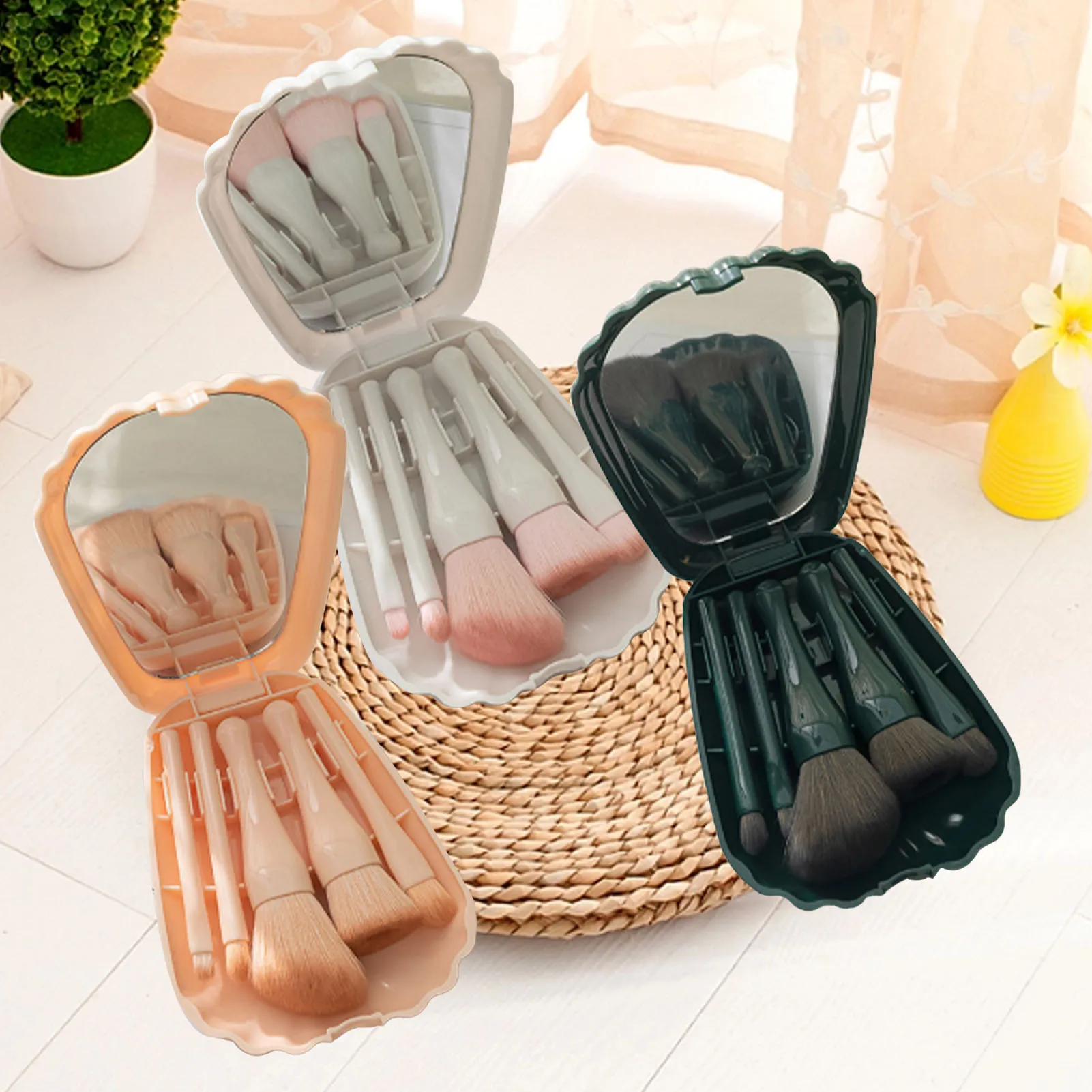 Shell Portable Travel Makeup Brush Set 5 Sizes Brush Mini Complete Function Cosmetic Brushes With Mirror Set Women Make Up Tool