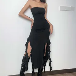 Sexy Strapless Off Shoulder Midi Dress Women Ruffles Split Beach Dress 2024 Summer Slim Fit Party Female Vestido