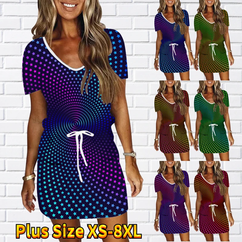 

2023 Summer Women's Vintage Elegant Dress New Design Printed Slim Skirt Daily Sexy Short Sleeve Skirt V-neck Loose Short Skirt