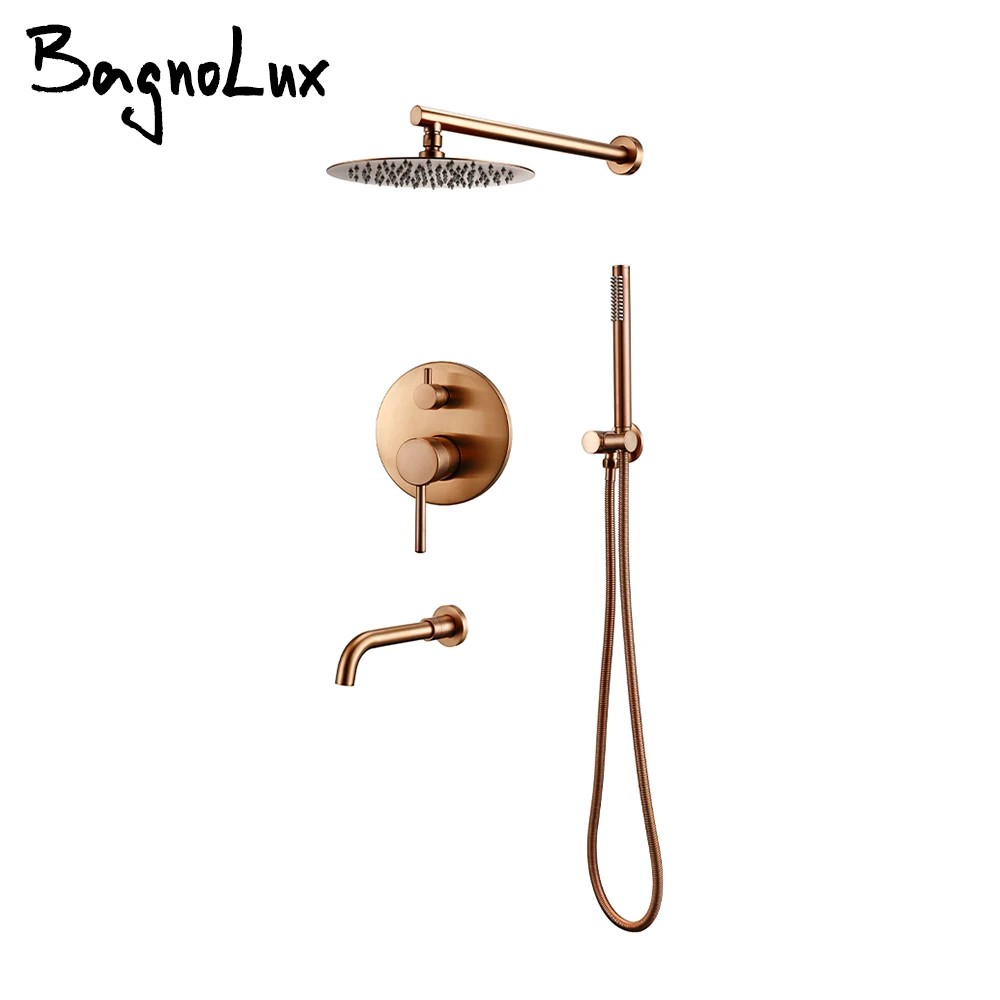 Bagnolux Brushed Rose Gold Brass Hot Cold Water Concealed Rainfall Head Single Handle Mixer Bathroom Tap Bathtub Shower Faucets