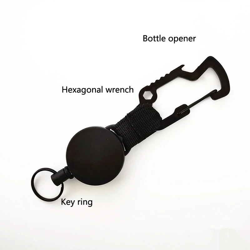 

3 In 1 Retractable Badge Steel Wire Cord Pull Key Ring Portable Bottle Opener Hexagonal Wrench Carabiner Car Key Chain EDC Tool