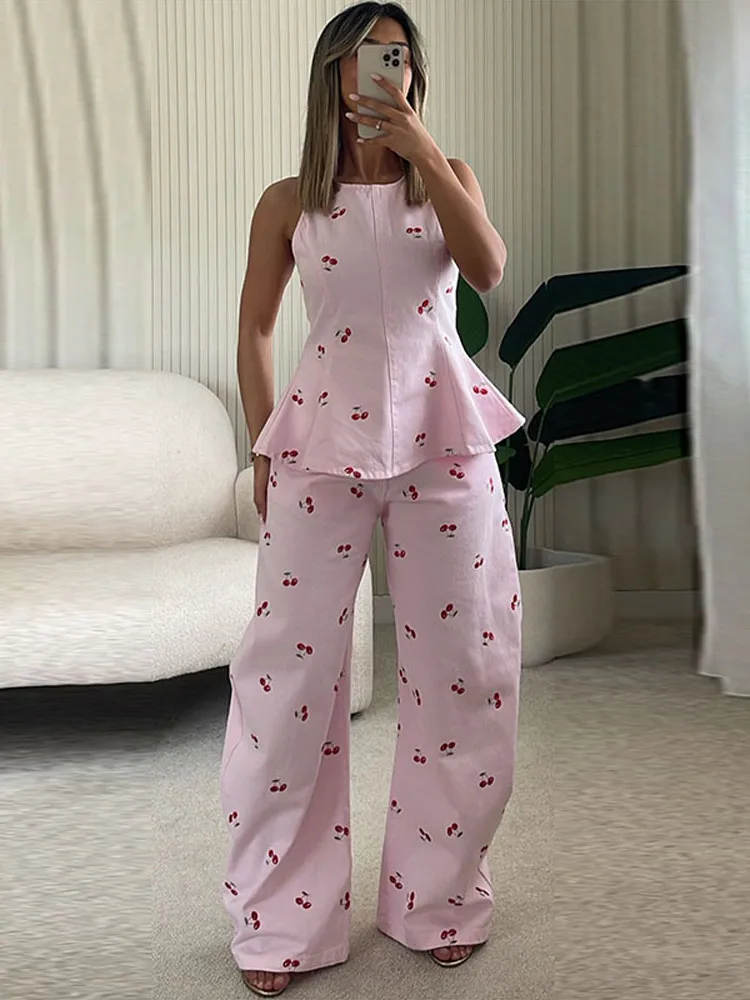 Curved Wide-Leg Printed Women Two-Piece Set Sleeveless Peplum Top With High Waist Pants Casual Matching Sets 2026 New
