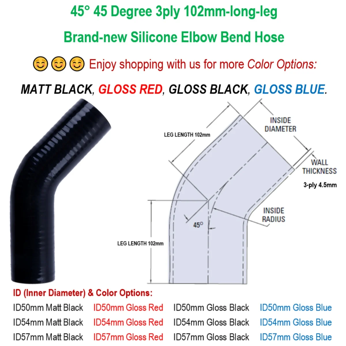 

45° 45 Degree 3ply 102mm-long-leg Silicone Elbow Bend Hose Pipe ID 50mm 54mm 57mm Matt Black Gloss Black Gloss Red Gloss Blue