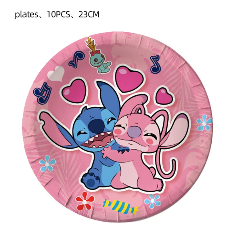 Birthday Tableware Set Disney Stitch Pink Angle Theme Paper Plates Napkins Cups for Kids Party Supplies Lilo & Stitch