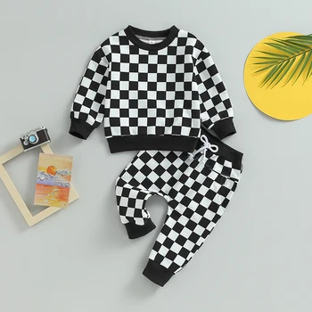 0-5Years Toddler Girls Boys 2Pcs Fall Clothing Outfit Plaid Long Sleeve Crew Neck Hoodie Sweatpants Set 2