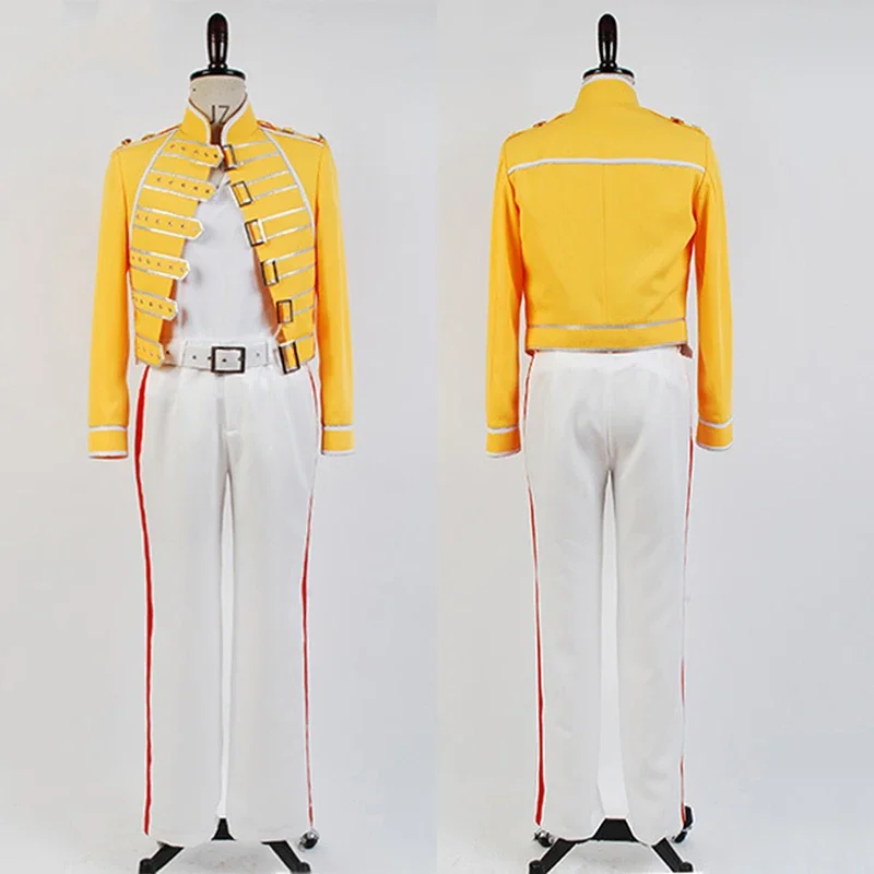 

Men Women Cosplay Yellow Jacket White Pant Costume Suit Full Set Halloween Queen Lead Vocals Freddie Mercury Wembley On Stage