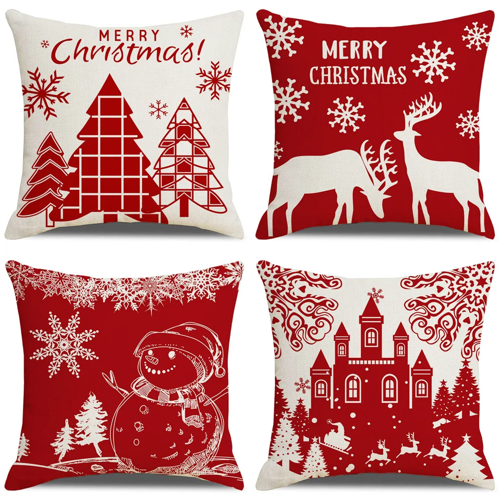 

Red Series Minimalist Christmas Snowman Linen Pillowcase Living Room Cushion Cover Car Cushion Universal Multifunctional Cushion