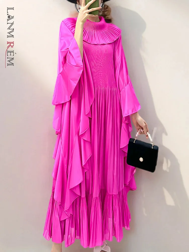 

LANMREM Fashion Designer Ruffles Pleated Dress Women Batwing Sleeves Solid Color Long Dresses Elegant Party 2024 New 2AA4596
