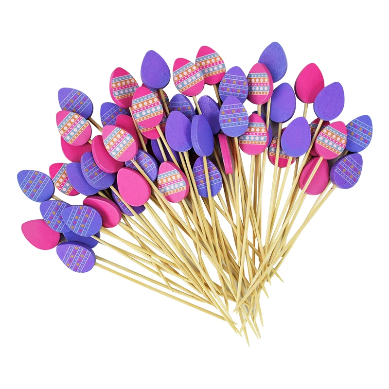 50/100PCS Easter Bamboo Sticks Rabbit Egg Pattern et Cupcake Fruit Snack Fork Happy Easter Party Decoration Birthday Supplie fruit fork,food picks,bamboo sticks