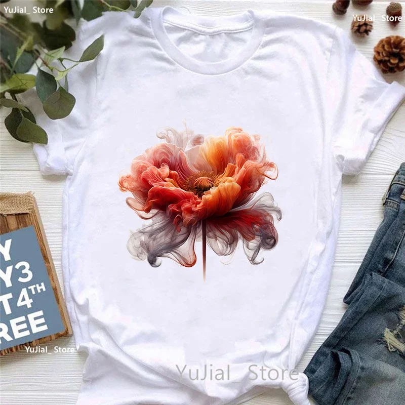Rauch Blume gedruckt T-Shirt T-Shirt Damen bekleidung bunte Schmetterling T-Shirt Femme Sommer Mode Kurzarm T-Shirt