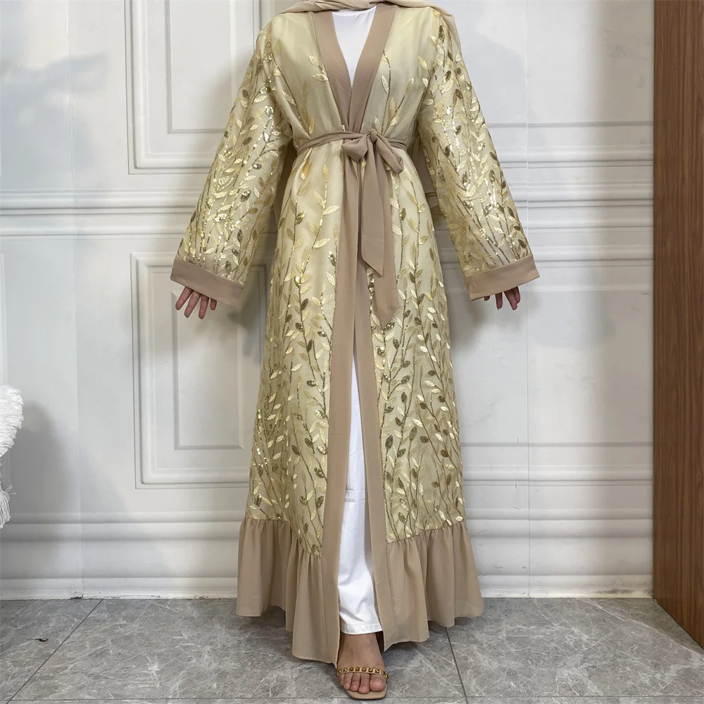 

Sequin Embroidery Open Kimono Abaya Muslim Women Eid Ramadan Cardigan Long Dress Dubai Kaftan Arab Robe Belted Turkish Evening