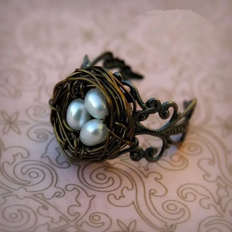 Finger Ring New Fashion Vintage Bird Nest Imitation Pearl Open Rings For Women Girls Anniversary Birthday Gifts Party Jewelry