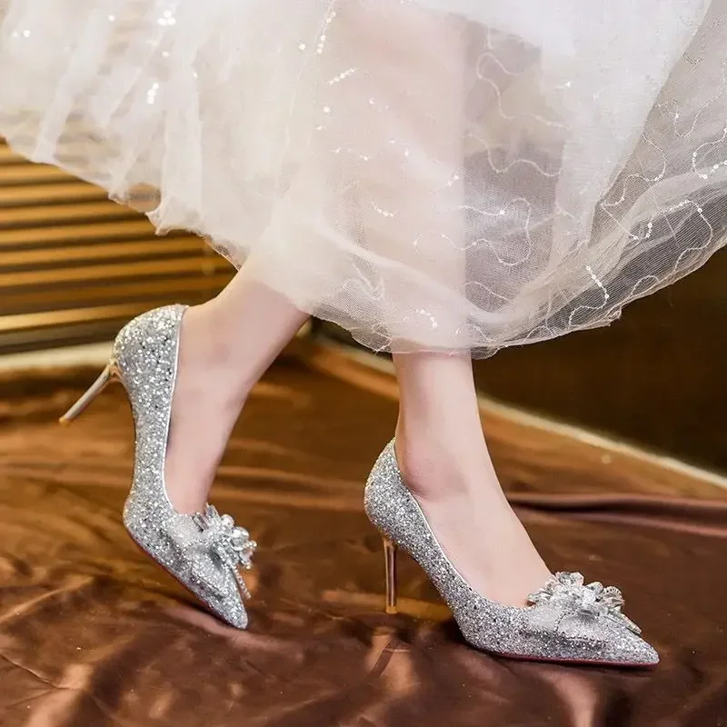 French Crystal Silver High Heels Womens 2024 New Bow Solid Shining Womens Shoes WOMEN Pointed Toe Casual Pumps 6
