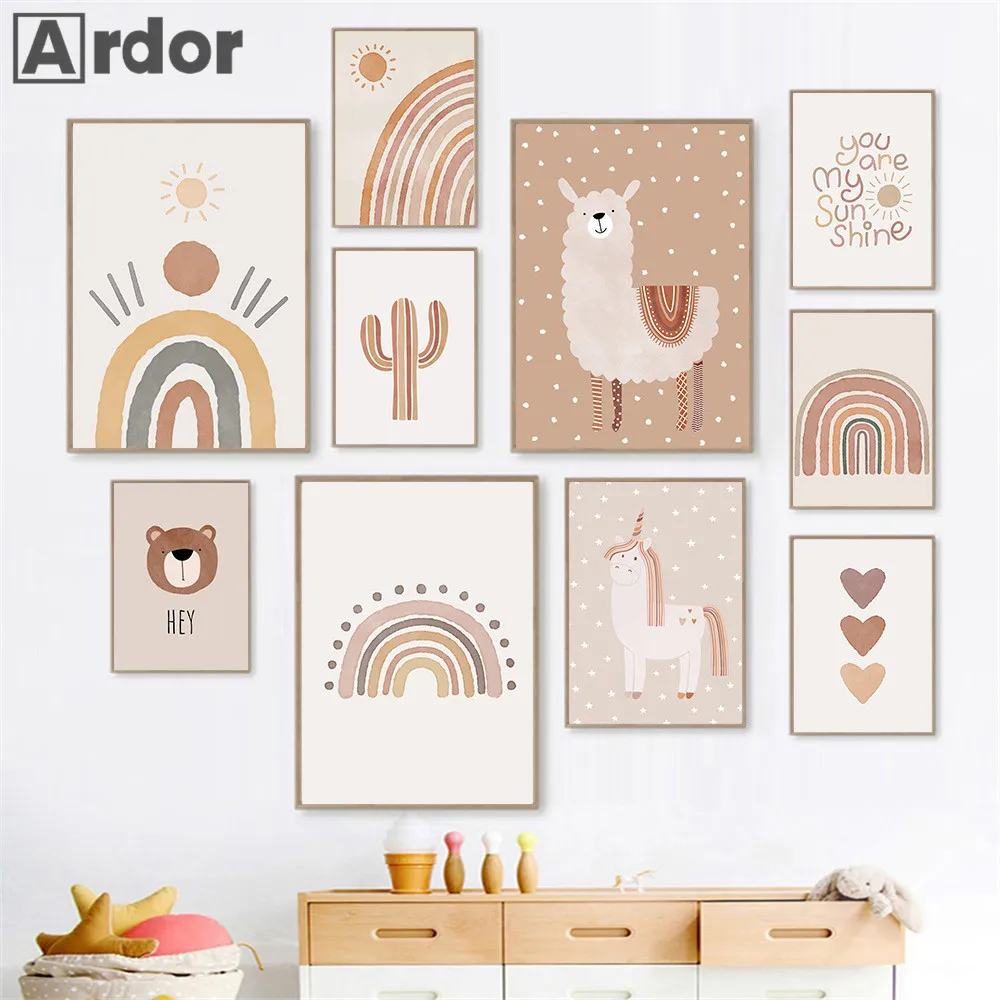 

Sun Heart Rainbow Wall Art Poster Cactus Bear Alpaca Canvas Paintings Nursery Print Unicorn Posters Boho Picture Baby Room Decor