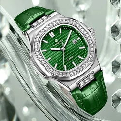 Elegant Women's Blue Leather Luminous Square Quartz Watch (Silver green)