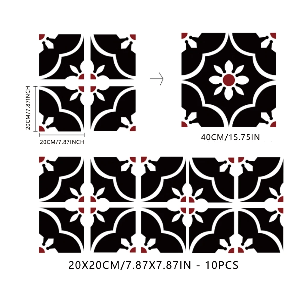 Winylowe naklejki na podłogę z czarnej marokańskiej mozaiki w stylu vintage, samoprzylepne usuwalne naklejki z kwiatami w kuchni łazienkowej