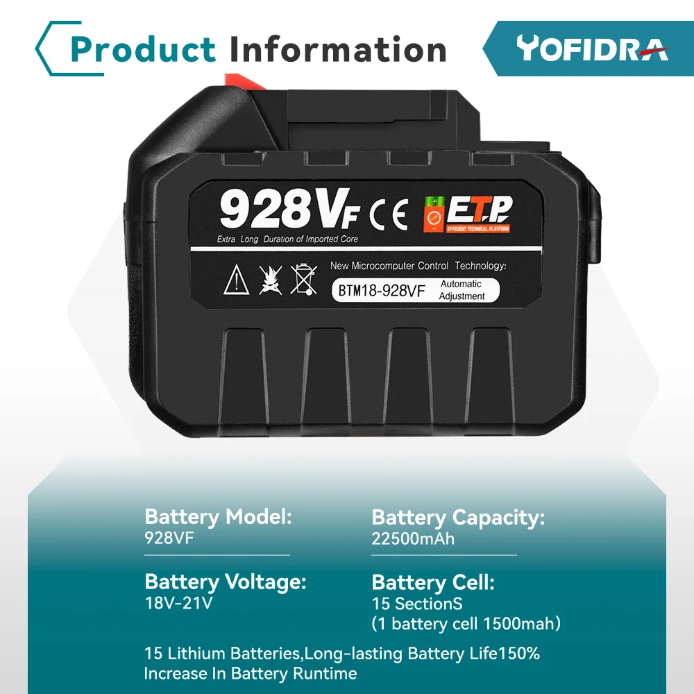 20V Rechargeable Lithium Battery EU Plug.388VF 15000mAh.928VF 22500mAh.Battery Capacity Indicator.for Chainsaw Electric Drill image_3