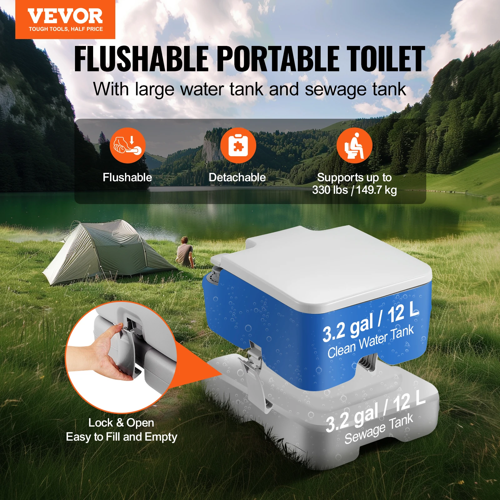 VEVOR Portable Toilet for Camping with 3.2 Gal Waste Tank&3.2 Gal Flush Tank Push-Button Odourless Travel Toilet for Camping Car 2