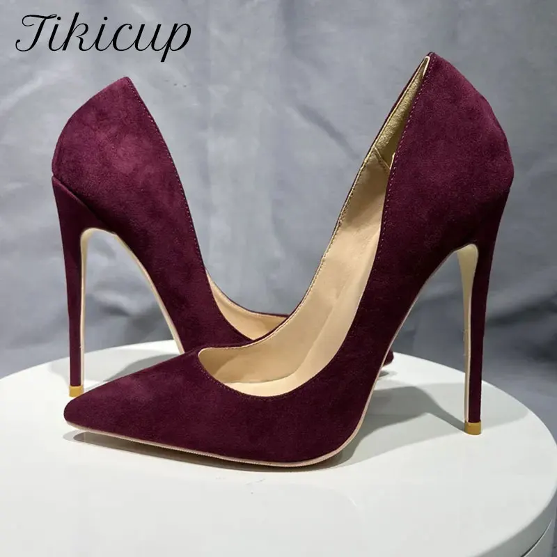 

Tikicup Burgundy Flock Women Faux Suede Pointy Toe High Heel Shoes Classic Elegant Ladies Slip On Stiletto Pumps Customizable