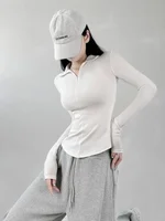 Zipper Polo Neck T Shirt for Women Plain Slim Spring Autumn Korean Clothing Woman Tshirt Luxury with Collar Synthetic Original - Image 6