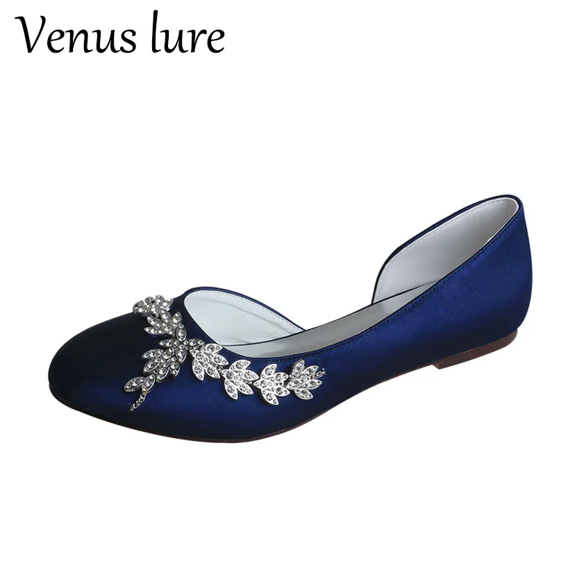 

Venus Lure темно-синяя ткань плоская обувь для свадьбы круглый носок с цепочкой Стразы