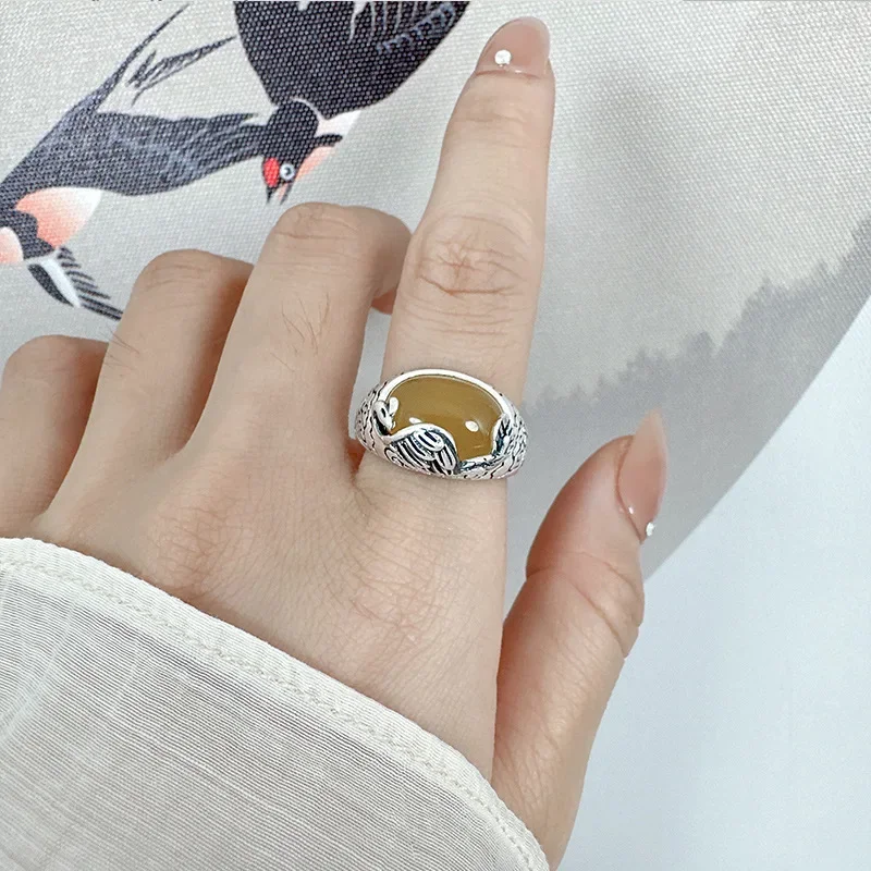 Real 990 silver Handmade Peacock Amber Ring For Women Girls Ethnic Vintage Oval Beewax Adjustable Opening Rings JZ135