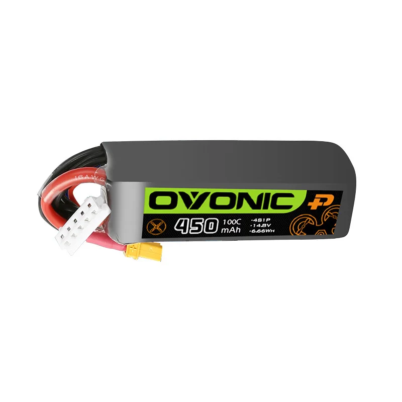 Lot de 4 piles Lipo 4S 14.8V 450mAh 100C pour quadrirotor FPV, disposées côte à côte sur fond gris