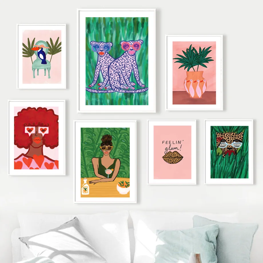 

Colorful Tropical Abstract Leopard Woman Dog Vase Wall Art Canvas Painting Posters And Prints Wall Pictures For Bedroom Decor