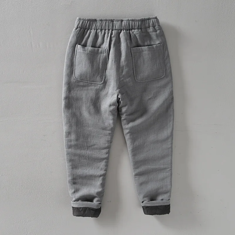 Cotton Linen Men Comfortable Thicken Pants Winter Cozy Fashion Elastic Waist Retro Loose Casual Warm Fleece Ramie Padded Trouser 2